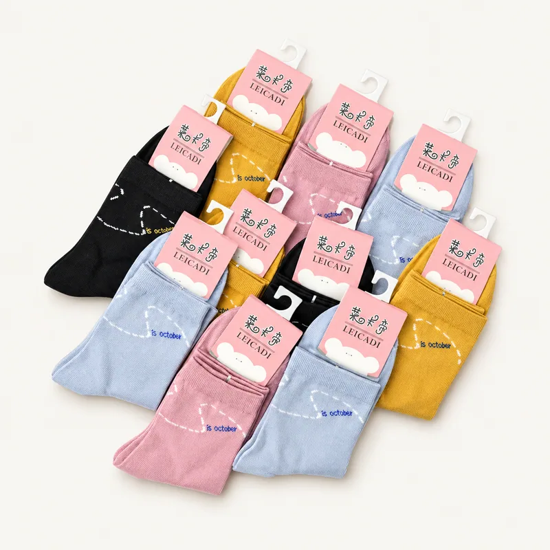 Contoh kaos kaki fashion panjang warna kuning, merah muda, abu-abu, dan hitam